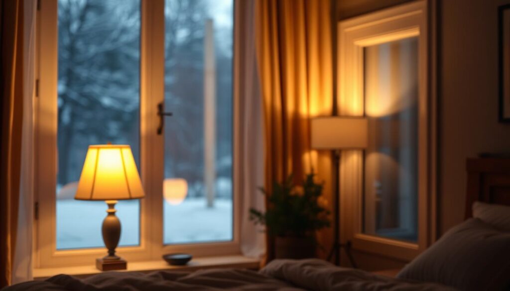 A warm, cozy bedroom interior on a chilly evening. In the foreground, a freshly installed window with a pristine, airtight seal, keeping the warmth from escaping. The muted glow of a table lamp casts a soft, ambient light, creating a sense of tranquility. In the middle ground, a meticulously crafted window frame, the craftsmanship evident in its clean lines and precise fit. The background features a gently blurred view of a snowy landscape, hinting at the insulation and energy efficiency provided by the new window and its weatherstripping. The overall atmosphere conveys a feeling of comfort, cost-savings, and a peaceful respite from the chill outside.