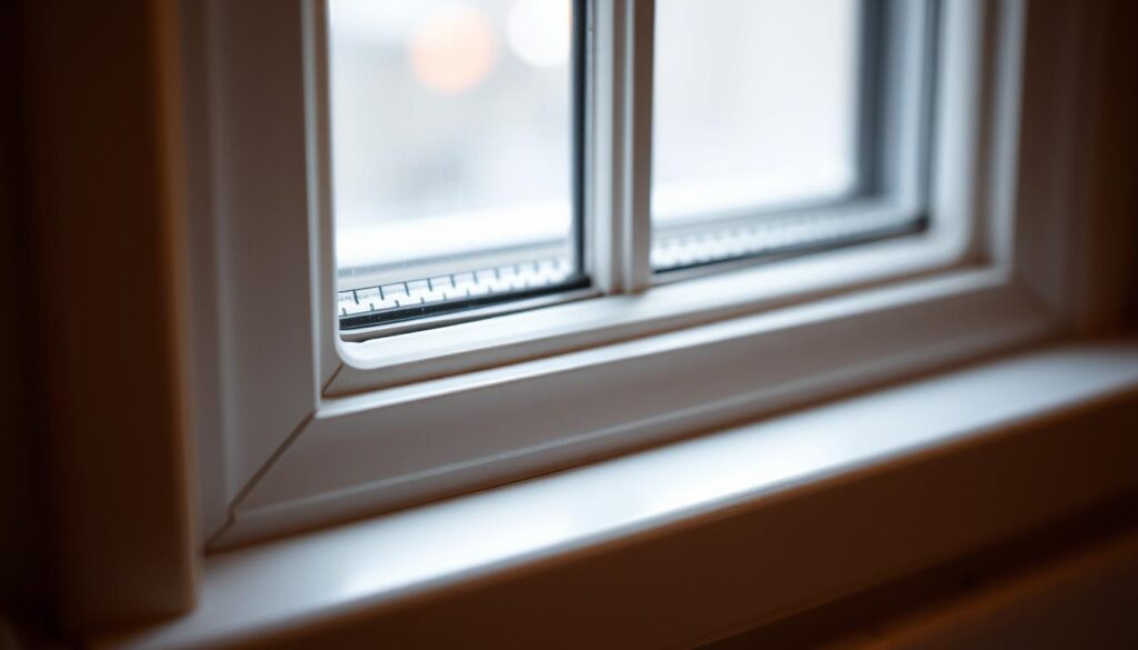 A warm, well-lit close-up view of a high-quality window seal or weatherstripping, known as "Fensterdichtungen" in German. The seal should appear soft, flexible, and durable, with a smooth, uniform texture that seamlessly blends into the window frame. The material should have a subtle, muted color that complements the window's overall aesthetic. Capture the seal's intricate contours and how it snugly fits into the window's grooves, creating an airtight, insulating barrier. Convey a sense of the seal's important role in enhancing a home's energy efficiency and overall comfort through its superior sealing properties.