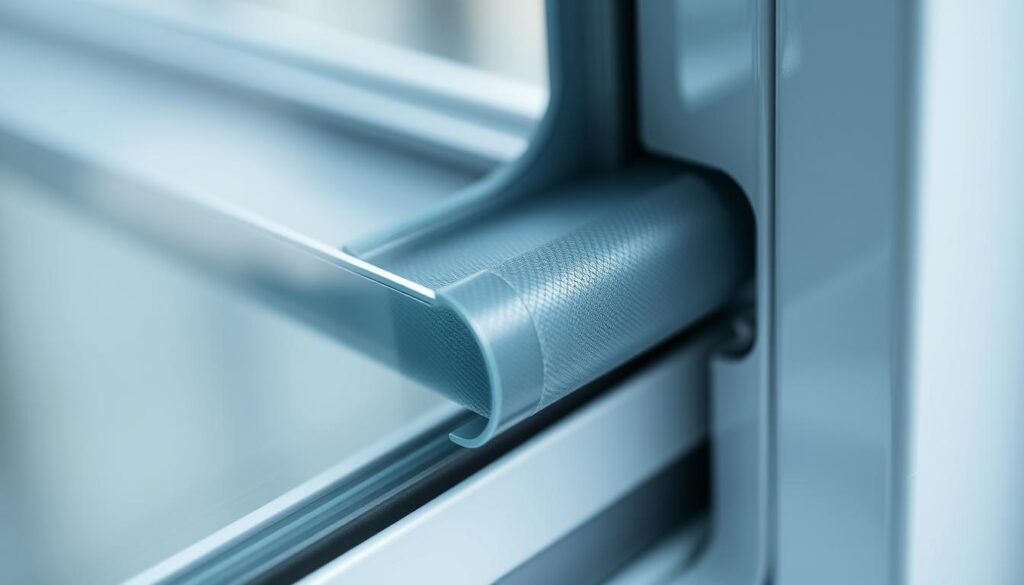 A well-crafted window seal in close-up, showcasing its intricate texture and precise fit. The flexible rubber material, designed to create an airtight barrier, glistens under soft, diffused lighting, emphasizing its practical importance. The seal is mounted on a sleek, modern window frame, hinting at its role in enhancing energy efficiency and comfort. The image conveys the significance of choosing the right window seal, highlighting its function as a crucial, yet often overlooked, component in the pursuit of optimal home performance and comfort.