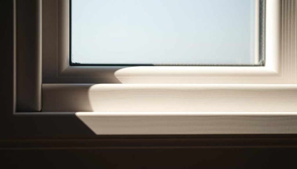 A well-lit, close-up photograph of a window frame's weatherstripping, or "Fensterdichtungen" in German. The soft, pliable rubber sealing gasket is shown in crisp detail, its texture and contours clearly visible. The frame is a neutral color, allowing the Fensterdichtung to be the focal point. Gentle shadows cast by the window casing provide depth and dimension. The lighting is natural and even, conveying a sense of warmth and clarity. The image emphasizes the importance of maintaining these essential window components for optimal insulation and energy efficiency, as described in the article section "Warum saubere Rahmen und intakte Fensterdichtungen jetzt wichtig sind".