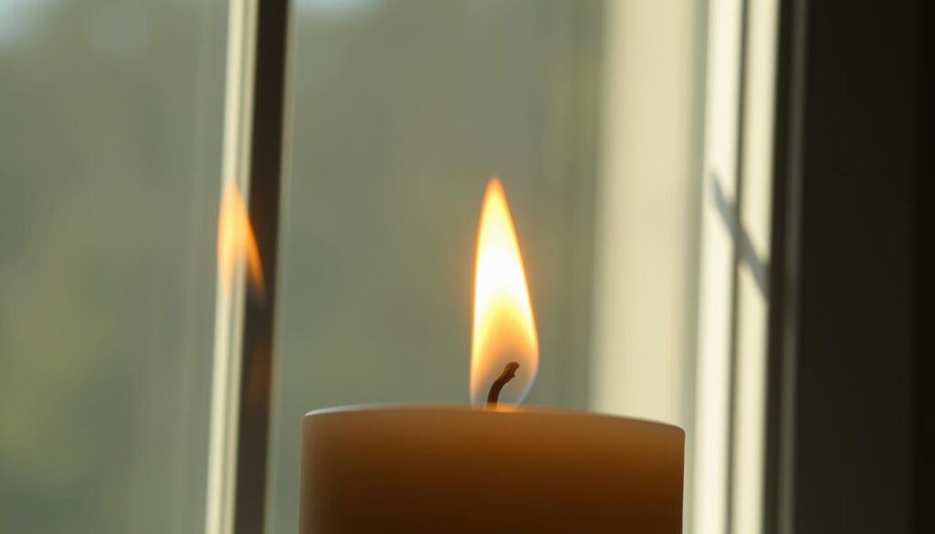 A well-lit close-up shot of a candle flame flickering in a gentle breeze, with the candle placed in front of a transparent glass or plastic window. The candle's flame should be the primary focal point, captured with a shallow depth of field to emphasize its movement and dancing quality. The window frame should be visible in the background, providing a clear view of the candle's interaction with the air currents. The lighting should be natural and directional, casting soft shadows that accentuate the texture and form of the candle and window. The overall mood should be one of quiet observation and investigation, inviting the viewer to closely examine the subtle signs of air leaks around the window.