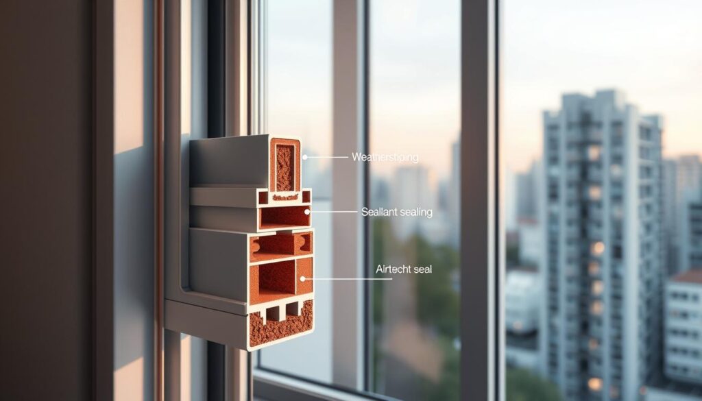 A well-lit, detailed illustration showcasing the "3‑Ebenen‑Prinzip" of window sealing. In the foreground, a cross-section of a window frame reveals the three distinct layers of weatherstripping, sealant, and insulation working in harmony to create an airtight seal. The middle ground depicts a window from the exterior, with the sleek, modern frame complementing the clean, minimalist architectural style. In the background, a softly blurred cityscape provides context, hinting at the energy-saving and noise-reducing benefits of proper window insulation. The overall composition conveys a sense of technical expertise, functionality, and environmental awareness.