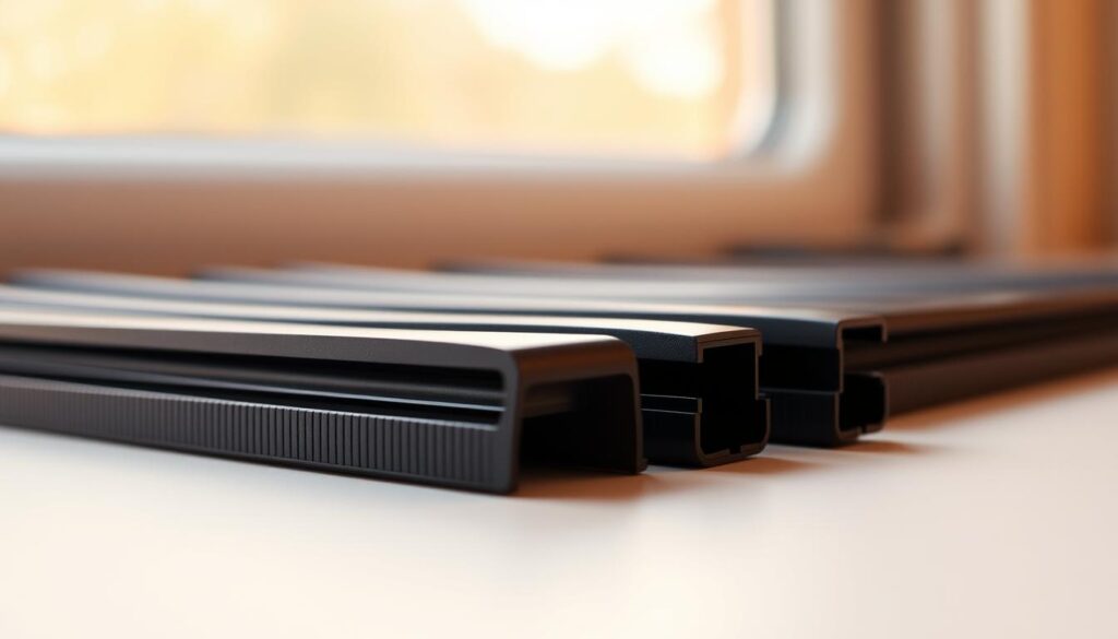 A well-lit, high-resolution photograph of a set of window seals or weatherstripping. The seals are presented in the foreground, with a clean, neutral background that allows the material and texture to be the focal point. The lighting is warm and natural, illuminating the subtle ridges and grooves of the rubber or silicone components. The angle is slightly tilted to provide depth and a sense of dimensional detail. The overall mood is one of precise, technical focus, highlighting the importance of proper window seal maintenance for energy efficiency and home comfort.