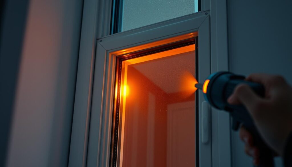 A well-lit interior scene of a modern window frame, showing a close-up view of a thermal leak test being performed. The window frame is made of durable materials, with a focus on the seals and gaskets. Warm air is escaping through gaps and cracks, illuminating the problem areas with a soft, amber glow. The image conveys a sense of discovery and problem-solving, with the goal of identifying and addressing air leaks to improve the window's energy efficiency and overall performance.