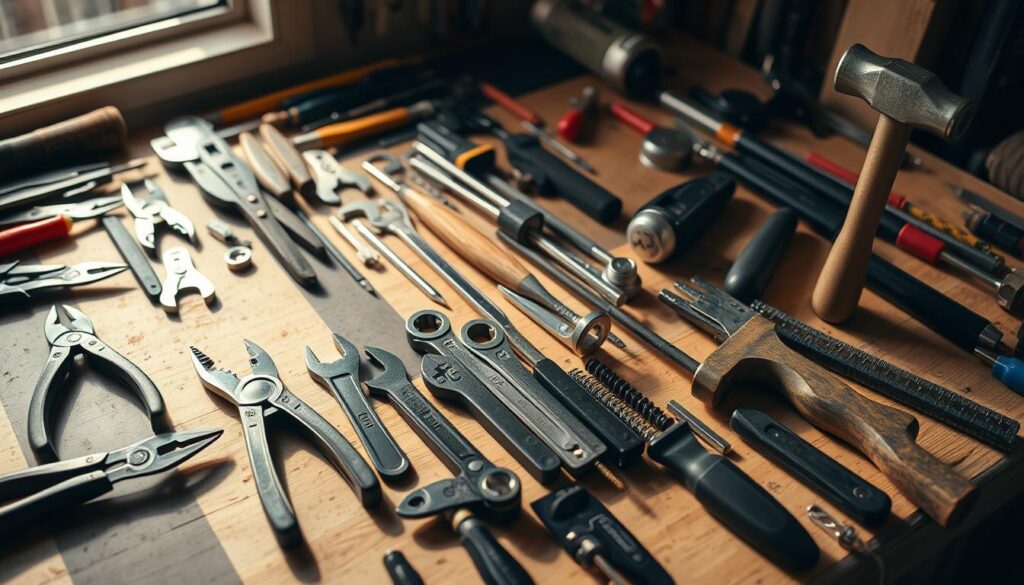 A well-organized workspace with an assortment of high-quality werkzeug, including pliers, wrenches, screwdrivers, and a hammer, neatly arranged on a clean, wooden workbench. Bright, natural lighting casts a warm, inviting glow, highlighting the intricate details and textures of the tools. The composition emphasizes the importance of having the right werkzeug for the job, conveying a sense of precision, efficiency, and craftsmanship. The overall scene reflects the expertise and attention to detail required to properly maintain and seal window frames, as described in the article's title.