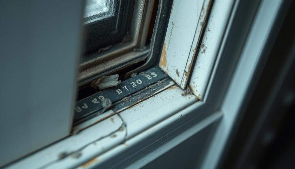 A worn, weathered window seal with visible cracks and gaps, allowing cold air to seep through. The fading, discolored rubber gasket peels away from the frame, its once-pliable material now rigid and brittle. Dust and debris have accumulated in the gaps, signaling the need for replacement. Soft, neutral lighting illuminates the scene, casting subtle shadows that highlight the imperfections. The overall impression conveys a sense of energy loss, diminished comfort, and the importance of timely maintenance to restore efficiency and livability.