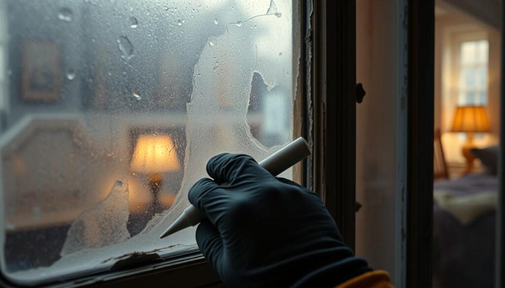 An interior scene of an old, drafty window with visible gaps and cracks around the frame, allowing cold air to seep in. The weathered window glass is partially obscured by condensation, casting a dim, chilly atmosphere. In the foreground, a gloved hand applies a thick, pliable gum-based weatherstripping sealant along the gaps, creating an effective barrier against the elements. The background is softly blurred, hinting at a cozy, lived-in space beyond the window. Warm, natural lighting filters in, contrasting with the cool tones of the window's deterioration. The overall mood conveys the necessity and benefits of timely window seal maintenance to improve energy efficiency and comfort in the home. An interior scene of an old, drafty window with visible gaps and cracks around the frame, allowing cold air to seep in. The weathered window glass is partially obscured by condensation, casting a dim, chilly atmosphere. In the foreground, a gloved hand applies a thick, pliable gum-based weatherstripping sealant along the gaps, creating an effective barrier against the elements. The background is softly blurred, hinting at a cozy, lived-in space beyond the window. Warm, natural lighting filters in, contrasting with the cool tones of the window's deterioration. The overall mood conveys the necessity and benefits of timely window seal maintenance to improve energy efficiency and comfort in the home.